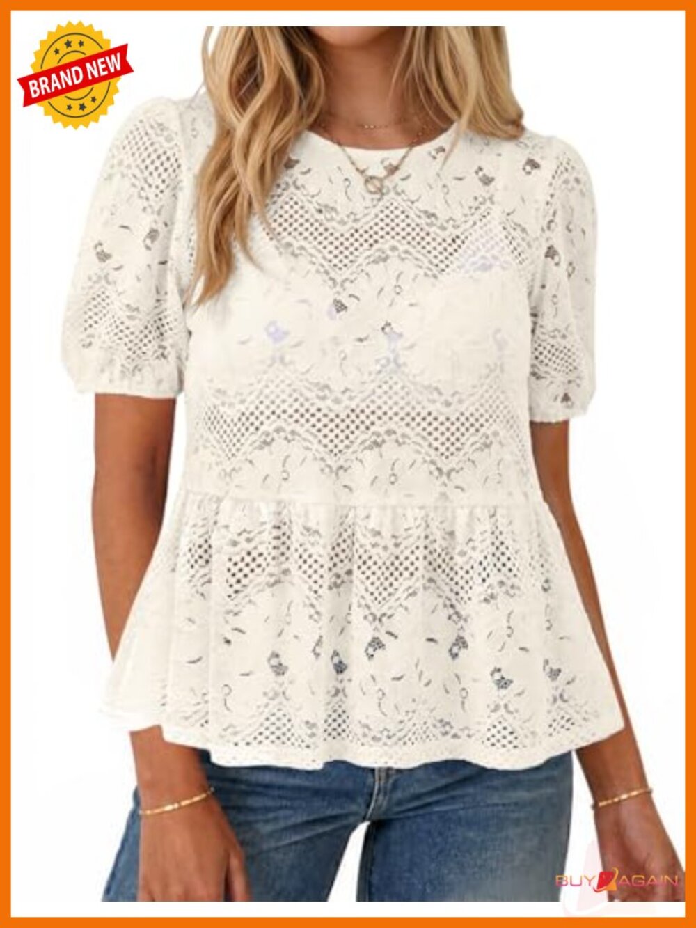 Womens Lace Peplum Blouse Short Puff Sleeve Babydoll Top Summer Beach